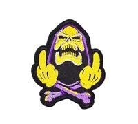 Grim Reaper Embroidered Patch Sew Iron On Badge Finger Swear Skeleton Gothic Metal Pagan Skull Rude Punk Rock Middle Fingers Heavy Transfer Yellow Purple