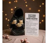 Grim Reaper Figurine, Resin Gothic Sculptures Scary Grim Reaper, Grim Reaper Statue Holding Coffee & Cat with Card, Ironic Gothic Black Robe Mystery Figurine Decor