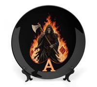Grim Reaper Flaming Aces-Spades Personalized Bone China Decorative Plate Ceramic Decorative Plates with Display Stand for Home Office Decor