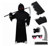 Grim Reaper Halloween Costume Kids Reaper Outfit Set with Glasses, Robe, Belt, Gloves for Scary Party, Cosplay & Halloween Events L