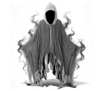 Grim Reaper Hooded Cloak, Halloween Ghost Costume, Scary Death Robe Cape | Adult Medieval Renaissance Gothic-Style Wizard’s Cloak, Men Women Grey Fancy Dress Cosplay Horror Carnival Party Masquerade