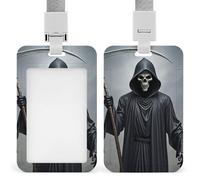 Grim-Reaper Id Badge Holder with Breakaway Lanyard Abs Plastic Name Tag Holder Vertical Clear Front Window Push Slide Card Protector Gift for NurseTeacher Office Staff & Events
