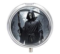 Grim Reaper Metal Pill Organizer, 3 Compartment Waterproof Pill Case with Mirror for Purse Pocket Bag, Daily Medicine Vitamin Holder, Portable Travel Med Container(Round)