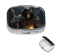 Grim-Reaper Pill Box 2 Compartment Pill Case for Purse & Pocket Cute Pill Organizer with Mirror Portable Travel Pillbox Metal Square Medicine Organizer Unique Gift