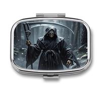 Grim Reaper Pill Box 2-Compartment Portable Pill Case Square Metal Medication Organizer Small Weekly Medication Case with Mirror Stylish Vitamin Holder for Purse Pocket Travel