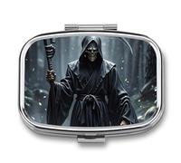 Grim Reaper Pill Box 2 Compartments Portable Travel Pill Case Mini Medicine Organizer for Pocket Purse Metal Waterproof Medicine Container Holder Vitamin Fish Oil