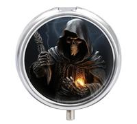 Grim Reaper Pill Box 3-Compartment Travel Pill Organizer Portable Round Medicine Case with Mirror Design for Vitamins, Jewelry & Essentials Durable Pocket Pillbox for Purse, Camping