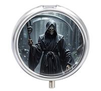 Grim Reaper Pill Box 3 Compartment Travel Pill Organizer with Small Mirror Portable Pillcase for Pocket & Purse Cute Round Medicine Case Weekly Medicine Container