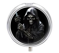 Grim-Reaper Pill Box 3 Compartment Waterproof Pill Case with Mirror Portable for Purse Pocket Daily Medicine Vitamin Organizer Travel Med Container Holder for Fish Oil Supplements