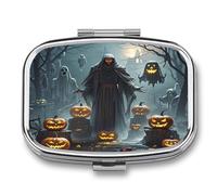 Grim Reaper Pill Case 2 Compartments Travel Pill Organizer for Pocket Small Pill Box Portable Pill Container Metal Medication Holder to Hold Vitamin Fish Oil Supplement