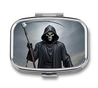Grim-Reaper pilldispenser with Mirror 2 Compartments Waterproof PillCase for Purse Pocket Non-Slip Grip Travel Medicine Organizer Container Box for Vitamin Fish Oil Supplement