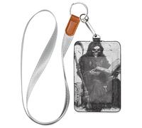 Grim Reaper Reading with A Scythe Leather id Badge Holder Cute with Lanyard and 3-Card Capacity id Holder for Office School IDs,Hotel Key Cards, Pass Cards