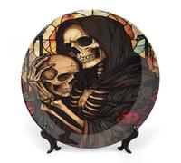 Grim Reaper Rose Skull Bone China Decorative Plate with Display Stand Ceramic Dinner Plates Wall Decor for Home Kitchen 7inch