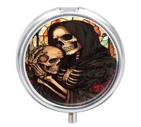 Grim Reaper Rose Skull Pill Box Cute Metal Round Pill Case with 3 Compartments and Mirror for Vitamin Fish Oils
