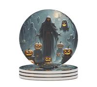 Grim Reaper Round Ceramic Stone Coaster Absorbent Drink Coaster with Cork Base Heat-Resistant Beverage Cup Mats for Hot Cold Drinks Bar Home Office Table Decor 4PCS