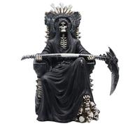 Grim Reaper Skeleton Sitting on Throne with Scythe Statue, Gothic Halloween Home Decor Figurine