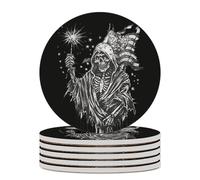 Grim Reaper Skull Undead Ghost U.S. Flag Round Ceramic Coasters Non-Slip Cork Base Drinks Holder Craft 6PCS