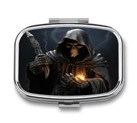 Grim-Reaper Small Pill Box for Purse Travel Essentials Metal Pill Case 2 Compartments Compact Medicine Container Portable Daily Pill Organizer for Vitamins Fish Oils