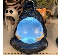 Grim Reaper Statue with Flying Bats Crystal Ball, Gothic Figurine with Light-Up Sphere, Creepy Resin Sculpture for Bookshelf, Halloween Fantasy Decor Floating Bat Ornament