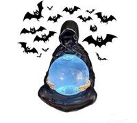 Grim Reaper Statue with Flying Bats Crystal Ball,Gothic Light Up Figurine Halloween Fantasy Decor Floating Bat Resin Ornament,for Bookshelf Desk Halloween Decor