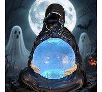 Grim Reaper Statue with Flying Bats Crystal Ball,LED Light Grim Reaper Water Globe Halloween Decor,The Death God's Crystal Balls,Crystals Glowing Balls with Floating Bats for Hauntingly Magical Vibes