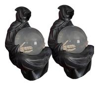Grim Reaper Statue with Flying Bats Crystal Ball,The Death God's Halloween Figurine Decor,Gothic Figurine with Light-Up Sphere,Creepy Resin Sculpture for Bookshelf (2PC)