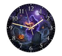 Grim Reaper Wall Clock, Gothic Spooky Pumpkins Tombstones Halloween Violet Silent Wall Clock Non Ticking for Garage Game Room Outdoor Decoration 11.6x11.6 Inches