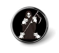 Grim Reaper with Cats Round Brooch Pins Lapel Tie Badge Metal Memorial Button Pin Kit for Hat Shirt Clothing Bags Decor