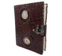 Grimoire Journal & Notebook - Leather Blank Spell Book for Witchcraft, Witch Grimoire Book of Shadows, Eco-Friendly Recycled Paper, 17 x 12 cm (Sun with White Stones)