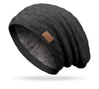 Grin&Bear M10 Beanie, Chunky Knit, Long Slouch Beanie with Teddy Fleece Lining - Black - One size