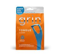 GRIN Tongue Cleaner, 48 Count, Disposable Tongue Cleaner, Hygienic Scraper, Recycled Plastic, Clean Tongue, Promote Fresh Breath, Includes Safe Fold- Back Tooth Pick