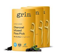 Grin Tooth Picks Flossers for Adults - Charcoal Infused Dental Floss Picks for Teeth Cleaning - Natural Mint Flavor - 100% Recycled Plastic Handle - 80 Count Canister (Pack of 3)