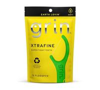 GRIN XtraFine Flosspyx, Floss Picks, 75 Count, Dental Flossers, Minty Flavor, Recycled Plastic, for Super Tight Teeth, Longer Floss Head, Slide Between Teeth, Includes Safe Soft Fold-Back Tooth Pick