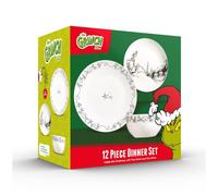 The Grinch™ 12-Piece Porcelain Dinner Set, 4 Place Settings, 27cm Dinner Plates, 20cm Side Plates, 14cm Bowls, Christmas Collection, Microwave and Dishwasher Safe