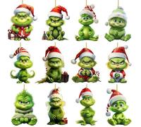 Grinch Christmas Decoration Pendants - 12 Piece Set | High Quality 2D Acrylic Tags with Cute Designs | Perfect for Christmas Tree, Window & Home | Festive Decoration