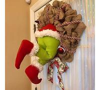 Grinch Christmas Plush Wreath, Christmas Thief Stole Burlap Wreath, Elf Body Burlap Pose-able Plush Legs Decorations Bow Wreath, 14'' Santa Winter Wreath for Front Door Garden Party Decor (A)