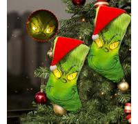 Grinch Christmas Stockings 2 Pack, Grinch Christmas Tree Decorations with Glowing Eyes, 15 Inch Personalized Hanging Ornaments Gift Bags Party Decorations for Holiday Xmas Tree Fireplace