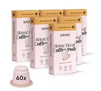 Grind Decaf House Coffee Pods - Pack of 60 Bioedegradable Capsules - Naturally Decaffeinated - Nespresso® Original Compatible - Home Compostable - Barista Quality and Specialty Grade - Medium Roast