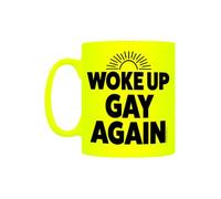 Grindstore Woke Up Gay Again Yellow Neon Ceramic Mug, Rude Gift, Birthday Present, Funny Gift, Drinkware, Present for Him or Her