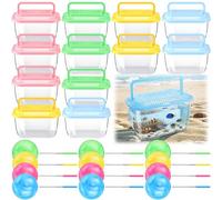 Grinsvalley 12 Sets Fish Bowl and Fishing Nets Bulk 12 Sets Small Clear Plastic Fish Bowl with Ventilated Lids and Fishing Nets Summer Outdoor Party Favors End of Year Student Gifts from Teacher