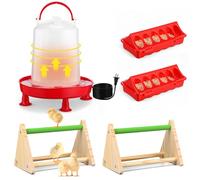 Grinsvalley 5 Pack Chick Feeder and Waterer Kit Include Chick Perch and 0.8 Gallon Heated Poultry Fountain with Leg Support and Flip Top Poultry Feeder for Chicks Ducks Quail