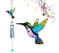GRINY Blue Hummingbird Wind Chimes for Outdoor Indoor Fairy Chimes Metal & Stained Glass Suncatchers for Home Garden Windows Yard Patio Decor, Memorial Gifts for Mom Grandma Thanksgiving