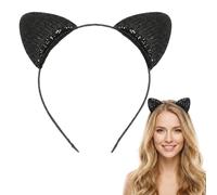 Grion Black Sequin Cat Ear Headband with Silver Rhinestone Trim for Halloween, Cosplay & Parties - Adjustable, Lightweight Hair Accessory for Women, Girls & Adults, Sparkling Festive Headwear