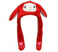 Grion Cherry Plush Red Cute Bunny Ear Hat - Heart Pink Accent Playful Long-Ear Anime Character Style - Warm Wear Party Outfit Outdoor Dress Up Cartoon Headwear for Women Girls (Cherry Plush Red)