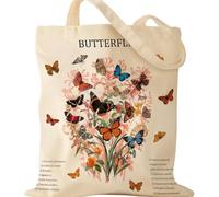 Grion Cream Canvas Tote Bag With Large Botanical Butterfly Floral Art Design - Reusable Educational Nature Study Shoulder Bag For Women, Eco-Friendly Work Travel Shopping Daily Use Cotton Printed