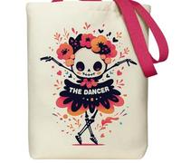 Grion Large Women's Tote Bag, Beige, Pink Wide Handles, Skeleton Floral Print | Spacious Rectangular Carryall, 1-Pack, For Shopping, Books, Daily Errands, Casual Days Out And Themed Seasonal Events