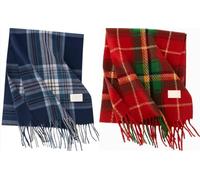 Grion Plaid Scarves 2-Pack, Long Tartan Wraps, Red and Navy Blue Check Designs | Fringed ends, 1 blue-grey-white pattern and 1 green-brown-orange-beige pattern, for autumn commutes and daily outfits