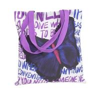 Grion Women's Large Canvas Tote Bag, White Butterfly Print, Wide Purple Handles | Reusable Shopping Carrier, 1-Pack, Printed Lettering, For Everyday Errands, Beach Trips, Casual Outings