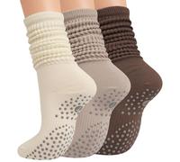 Grip Pilates Socks for Women, Yoga Slouch Socks with Grip for Barre Workout Hospital Long Scrunch Slipper Socks, 3 Pairs Maillard, Medium