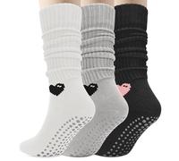 Grip Pilates Socks for Women,Yoga Slouch Socks with Grip Over the Calf Scrunch Long Crew Socks Slipper Socks, White+black+grey, 4-8 UK